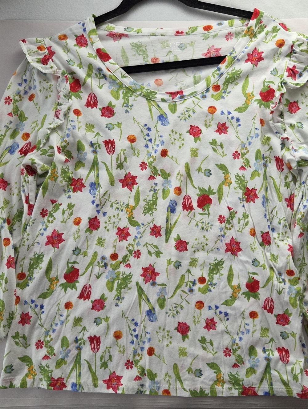 LOFT White Floral Top with Red & Pink Size Large